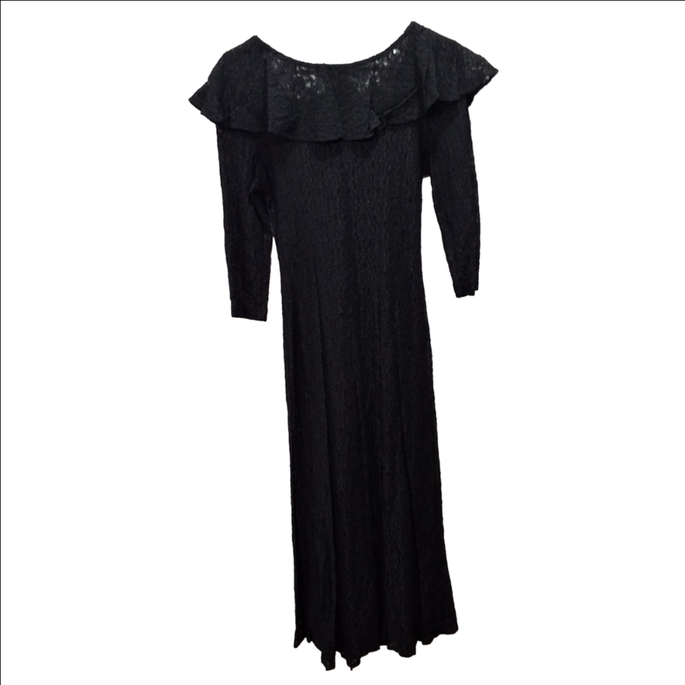 All That Jazz~VTG 80s~Black Lace~Button Maxi Dress~Whimsygoth~Ruffled Collar~7/8 - Picture 5 of 11